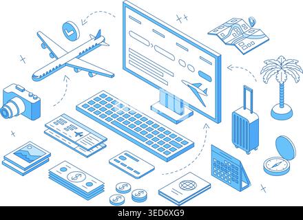Online booking. Buying ticket in app with credit card. Travel documents, airplane, map and photo camera. Preparing for trip, vacations, nifty vector Stock Vector