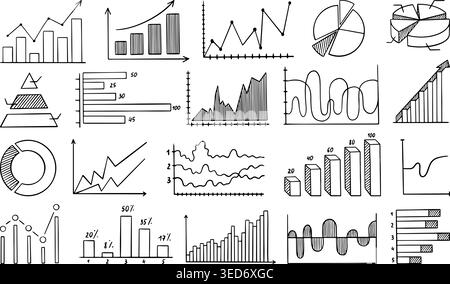 Doodle chart graphs. Hand drawn financial elements, business graph, infographic. Analytics finance elements, blocks and pies diagrams, neoteric vector Stock Vector