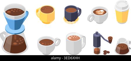 Isometric coffee cups. Take away americano, mugs with cappuccino, espresso, macchiato and filter. Isolated grinder and pot, morning hot drink, vector Stock Vector