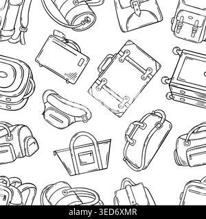Doodle suitcases seamless pattern. Travel luggage, different bags, cabin size suitcase and backpack. Print template for design, neoteric vector Stock Vector