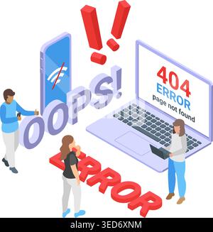 Page not found. 404 error isometric concept. Online line disconnected, no wifi and internet. People waiting connection with laptop, smartphone, vector Stock Vector