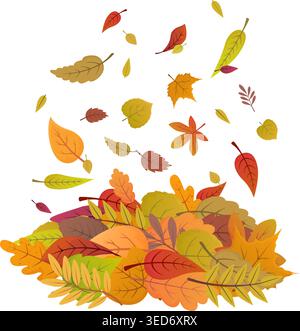 Colorful falling leaves pile. Cartoon autumn leaf, bright fall style carpet. Orange green yellow red brown foliage elements, nature, botanical, sapid Stock Vector