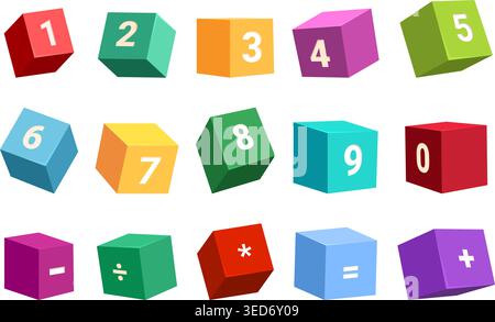 Children cubes with numbers. Plastic toys for mathematic play, teaching toddlers counting. Decorative colorful 3d shapes with math symbols, sapid Stock Vector