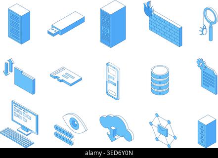 Isometric line it technologies icons. Cloud infrastructure, data center storages, servers and hosting safety. Big data technology, cybersecurity nifty Stock Vector
