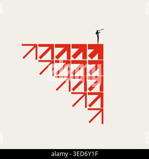 Businesswoman With Telescope Looking Future Atop Red Arrows Growth Graph, A Vision Concept For Career Success. Stock Vector