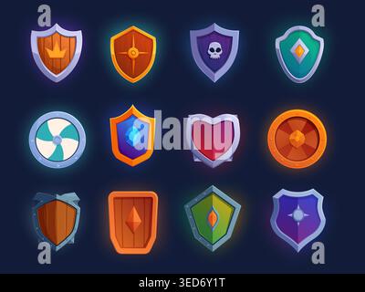 Game shields icons. Golden silver wooden shield for medieval fantasy play, rpg elements. Safety weapon for warriors with magical stones, assets, sapid Stock Vector