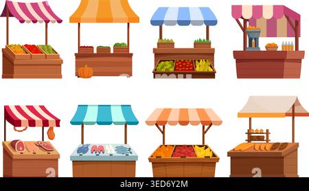 Cartoon market stall. Wooden counters with different fresh farm food. Vegetables and fruits, sausage, meat, fish and seafood, bread. Products sale Stock Vector