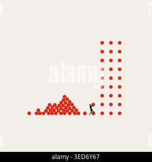 A minimal vector concept illustration of a businessman moving red dots from a messy pile to a neat grid, representing the transition from chaos to ord Stock Vector