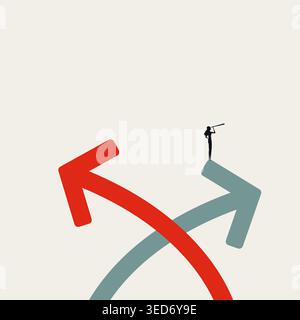 Businesswoman Standing On Crossing Arrows Looking Through Telescope For Future Career Direction And Strategic Choice Concept. Stock Vector