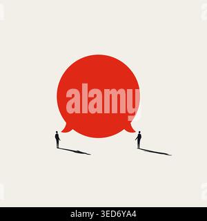 Minimalist Corporate Communication Concept Featuring Two Businessmen Sharing A Giant Red Speech Bubble. Stock Vector