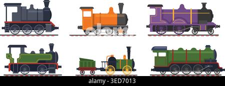Steam trains. Vintage railway transport exact vector old style trains in cartoon style Stock Vector