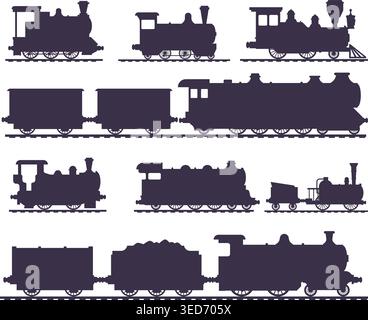 Steam trains. silhouettes of retro railway transport vector trains set Stock Vector