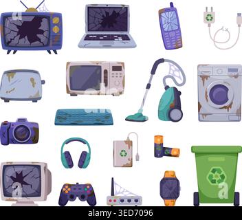 Electronic recycling. Broken electronics appliances exact vector old style computer components Stock Vector