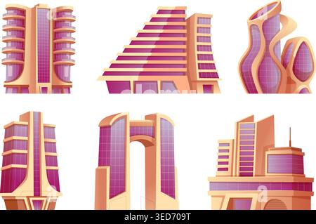 Futuristic buildings. Urban skylines reflective glowing houses exact vector cartoon buildings Stock Vector