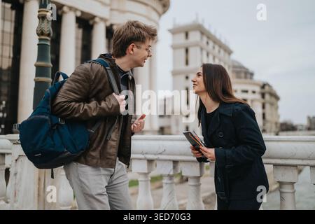 Two students talking and learning outdoors on a university bridge near classical buildings Stock Photo