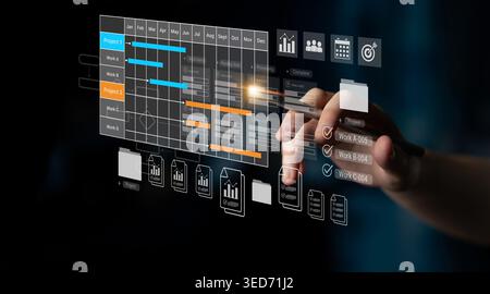 Digital visualization of multiple project timelines with progress tracking, documents, and team collaboration symbols Parse Stock Photo