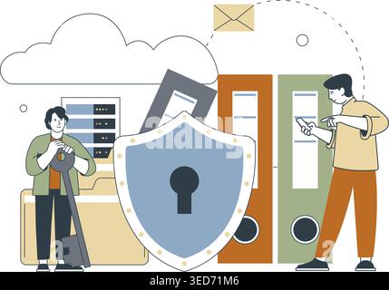 Cloud storage security. User with smartphone using online safety files and mail. Developers or cyber programmer, it technologies, modern lifestyle Stock Vector