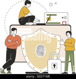Cyber security concept. Developers and programmers working with laptop and programming safety apps. Banking, online data bases, it sector vector scene Stock Vector