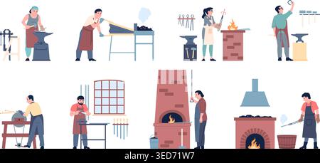 Blacksmith workers. People working in forge, craftsman work with metal and steel. Men using hammer, bellows, tongs, fire. Flat recent vector Stock Vector