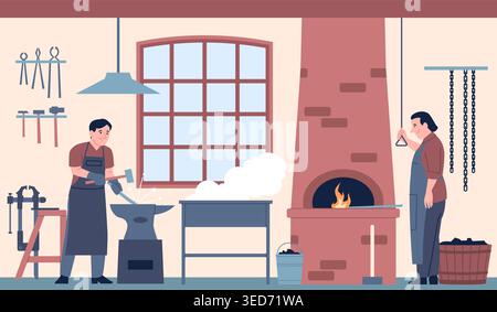 Smithy workers. Craftsmen working in forge with different professional tools and equipment. Blacksmiths forge iron, metal, steel. Traditional craft Stock Vector