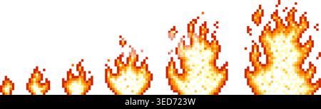 Pixel flame ignition stages. Fire animation, 8 16 bit game design elements. Retro style computer gaming, ui ux design arcade, tidy vector clipart Stock Vector