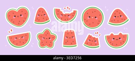Cartoon watermelon stickers. Funny watermelon characters, sweety cubes, slices fruits. Summer seasonal fresh food, vegan products, racy vector set Stock Vector