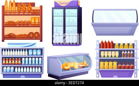 Cartoon supermarket shelves. Grocery store furniture, shelf with bread and buns, sauces, fridges with dairy, cheese, creams, nowaday vector clipart Stock Vector