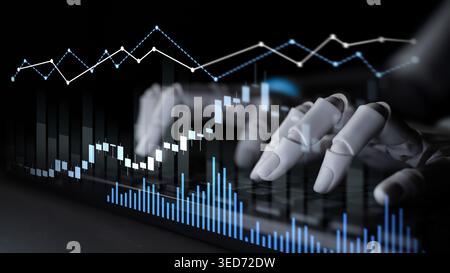 A robotic hand interacts with dynamic financial data on a virtual interface, showcasing the intersection of technology, automation, and analytics in Stock Photo