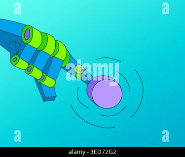 Robotic Arm Presses Button Futuristic Technology 3D Style Blue Green AI Illustration. Sci fi Digital Design Innovation Cyber Aesthetic Concept Stock Vector