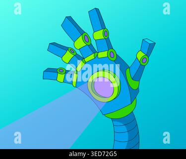 Robotic Hand Futuristic Technology 3D Style Blue Green AI Concept Illustration. Mechanical Fingers Segmented Joints Glowing Elements Digital Design In Stock Vector