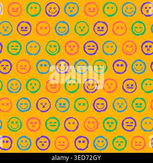Smile Emoji Pattern Grunge Style Colorful Faces Yellow Background Design emoji emotion theme grunge brush style colorful palette expressive faces seam Stock Vector