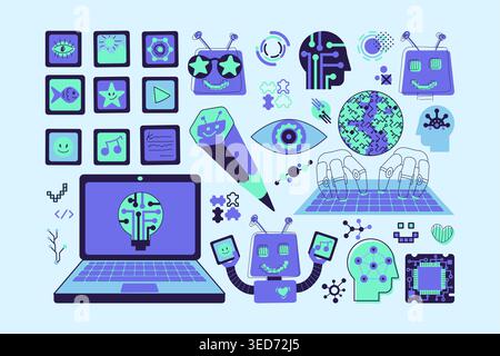 AI Technology Doodle Interface Icons Blue Violet Collection. Flat Style Vibrant Colors Tech Branding Set Stock Vector