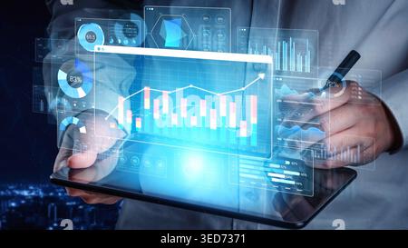 Futuristic Data Analysis Concepts with Charts and Graphs Displayed on Tablet by Professional in Digital Workspace Sigmoid Stock Photo