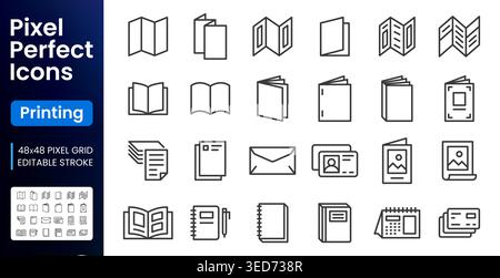 Book, print collateral line icons set. Brochure, catalog, flyer, envelope, letterhead flat minimal vector illustrations. Simple outline signs for Stock Vector