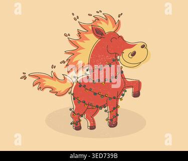 Cute Fire Horse Character With Christmas Lights Illustration Stock Vector