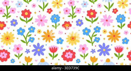 Seamless pattern with colorful flowers in naive Scandinavian folk art style on white background. Hand drawn flat floral ornament for kids textile Stock Vector