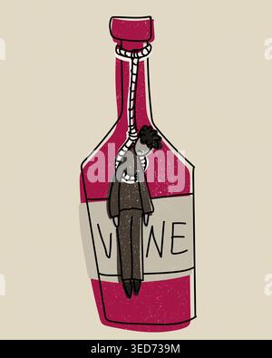Alcohol Dependency Symbol Character Hanging Wine Bottle Concept Minimal Pink Beige Illustration. Human Figure Suspended Rope Inside Container Beverage Stock Vector