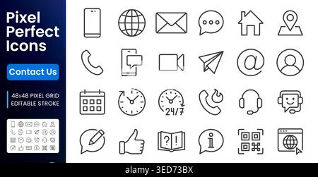 Contact us, customer support line icons set. Telephone, email, chatbot, 24 7 service, FAQ, location flat minimal vector illustrations. Simple outline Stock Vector