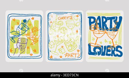 Colorful set of drinks poster style retro illustrations. Celebrate carefree spirit and life simple pleasures Stock Vector