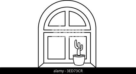 Window With Cactus Minimal Line Drawing Stock Vector