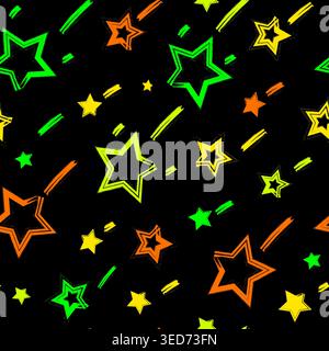 Abstract Stars Neon Squares Seamless Pattern with Grunge Texture Stock Vector
