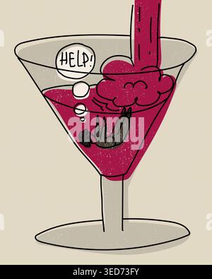 Alcohol Addiction Character Emotional Struggle In Martini Glass Pink Beige Concept Illustration. Small Figure Inside Drink Liquid Help Message Bubble Stock Vector