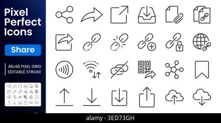 Link share line icons set. Hyperlinks, download, upload, cloud storage, QR code, secure attachment flat minimal vector illustrations. Simple outline Stock Vector