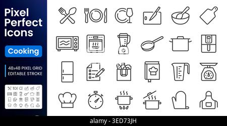 Kitchen, cooking line icons set. Air fryer, meal blender, oven, fridge, recipe cookbook, grocery delivery flat minimal vector illustrations. Simple Stock Vector