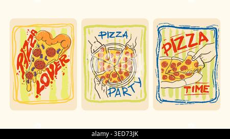 Colorful set of pizza poster style retro illustrations. Celebrate carefree spirit and life simple pleasures Stock Vector