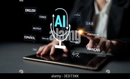 Person Using AI Language Translation Technology on a Tablet with Various Language Options Displayed in a Modern Business Setting Quark. Stock Photo