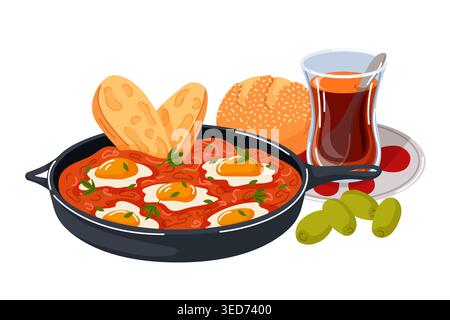 Delicious turkish breakfast shakshuka dish with fried egg, bread, olives and tea. Traditional cuisine illustration for restaurant menu in cartoon Stock Vector