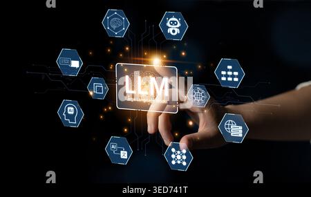 Large Language Model LLM processing data. Represents deep text learning, natural language processing NLP AI tech, transformer architecture, and Stock Photo