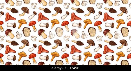 Seamless forest mushroom pattern in Cartoon style. Hand drawn nature fungi. Autumn harvest illustration for fabric, paper, wrap. Stock Vector