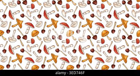 Inedible mushroom seamless pattern in cartoon style. Forest nature autumn illustration for fabric, paper and textile. Stock Vector